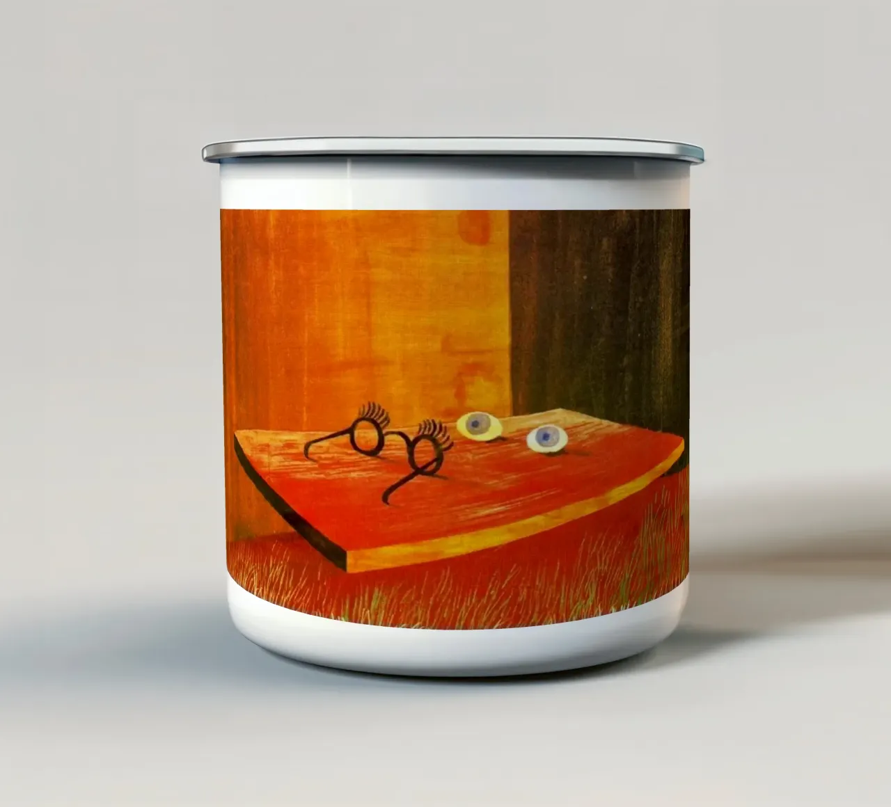 Remedios Varo Occhi sul tavolo tazza in smalto da Kunze Gallery