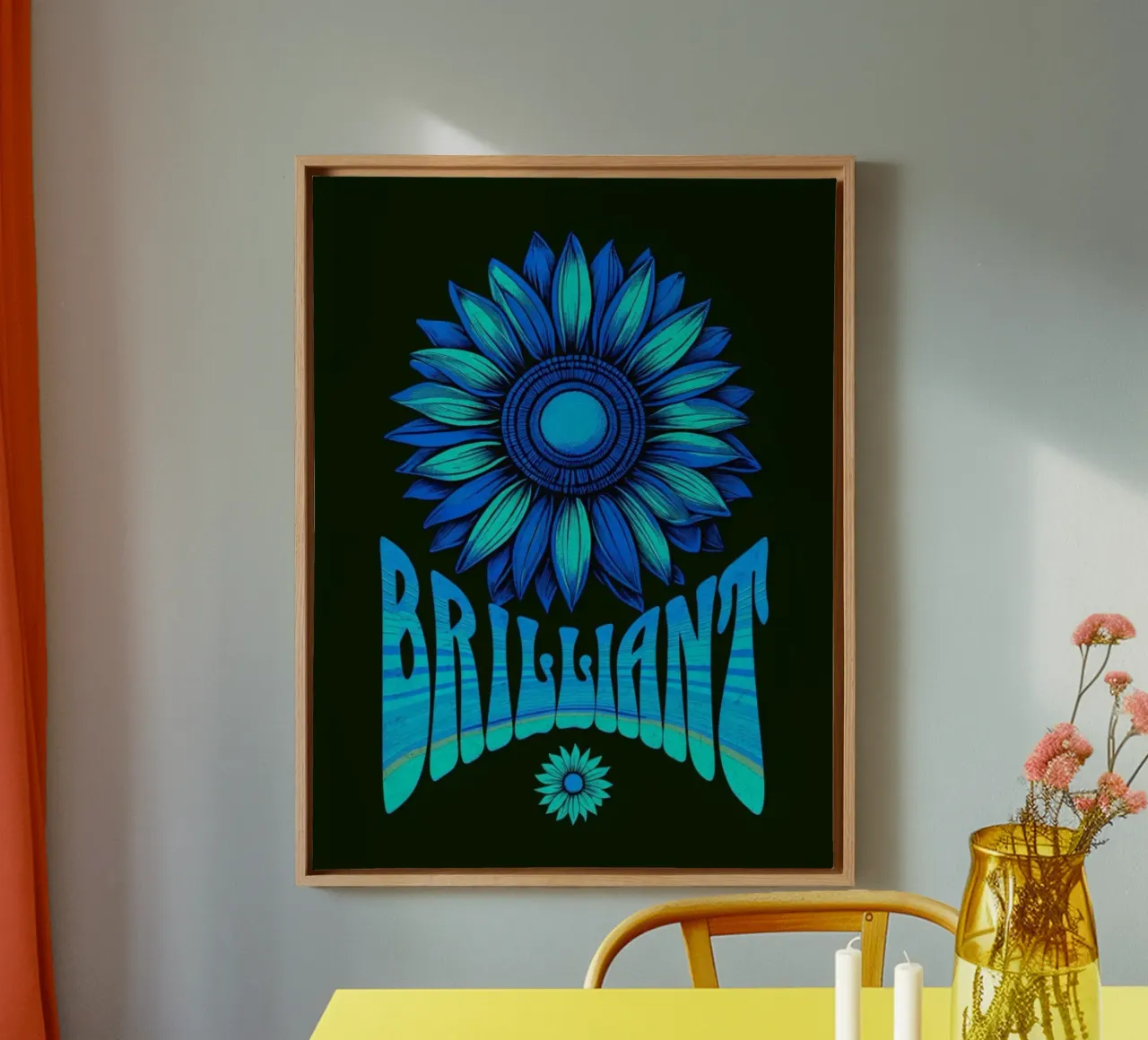 Briljante Blauwe Zonnebloem Psychedelische Retro Kunstdruk canvas met Baklijst van inspirational quote