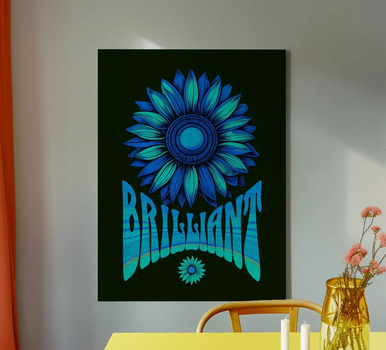 Briljante Blauwe Zonnebloem Psychedelische Retro Kunstdruk canvas met Baklijst van inspirational quote