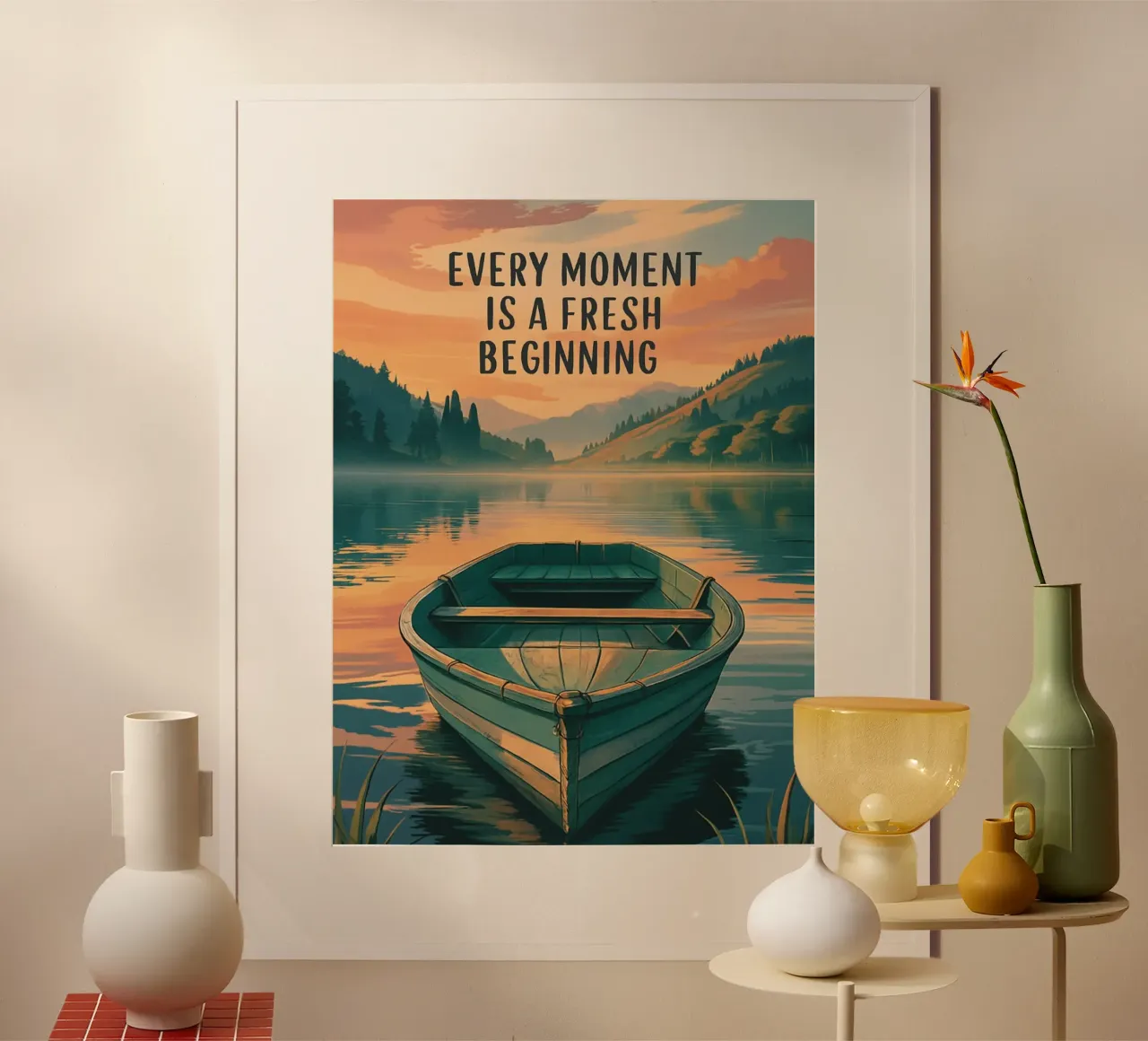 Serenità all'alba: Un nuovo inizio sul lago - Ispirazione poster da inspirational quote