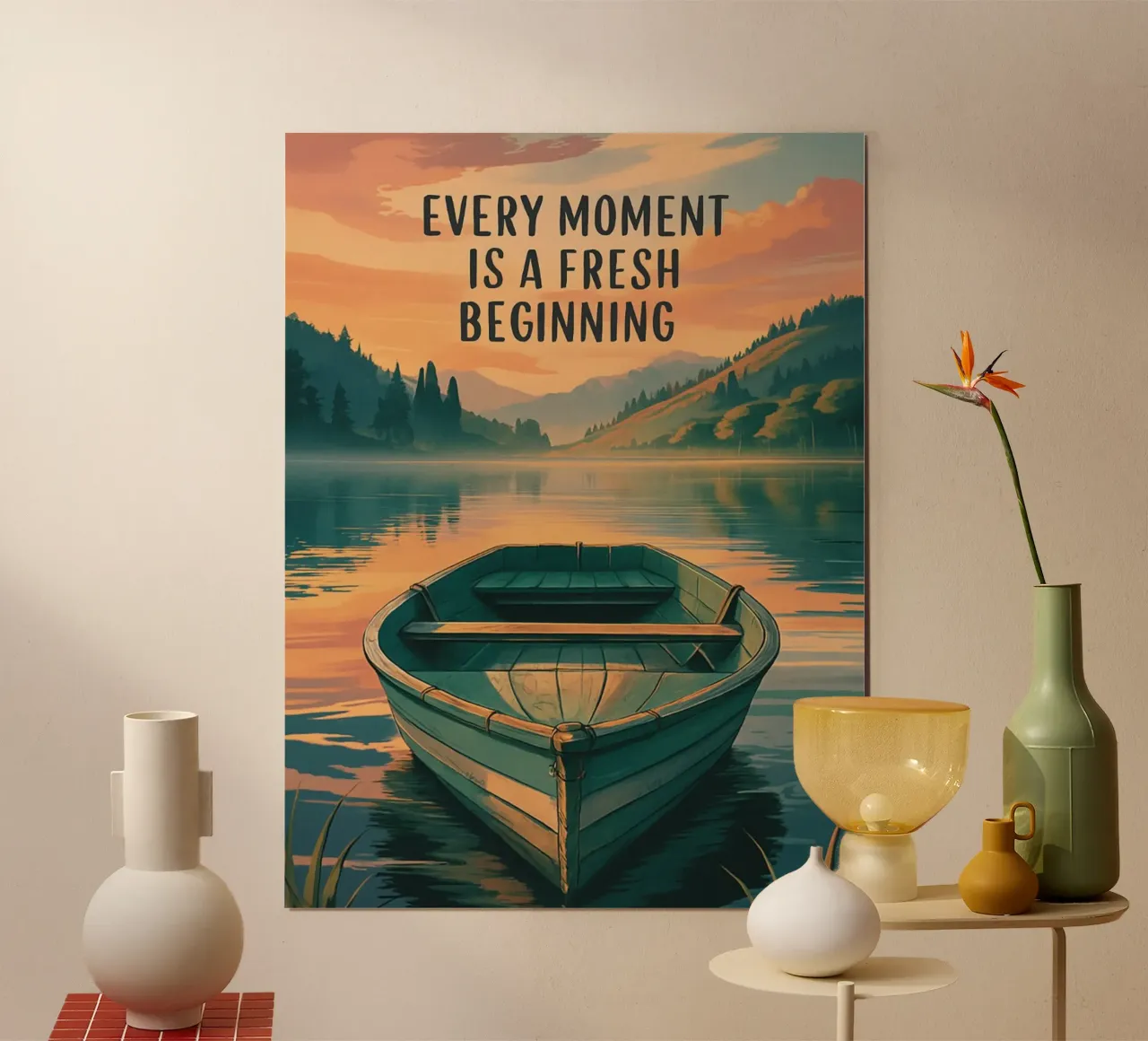 Serenità all'alba: Un nuovo inizio sul lago - Ispirazione poster da inspirational quote