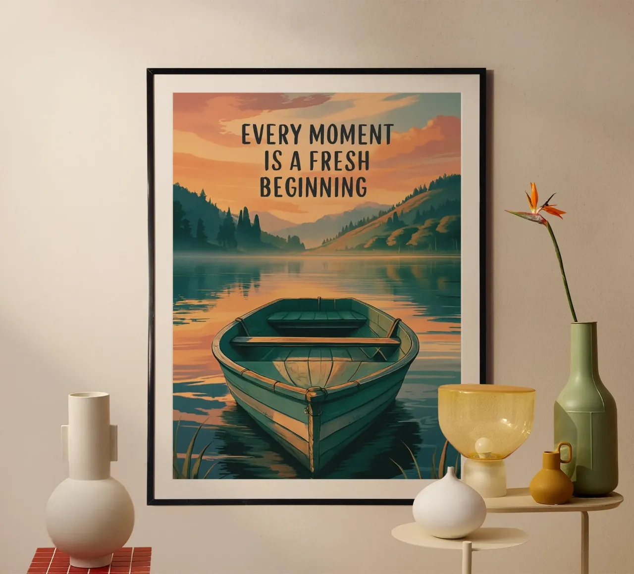 Serenità all'alba: Un nuovo inizio sul lago - Ispirazione poster da inspirational quote