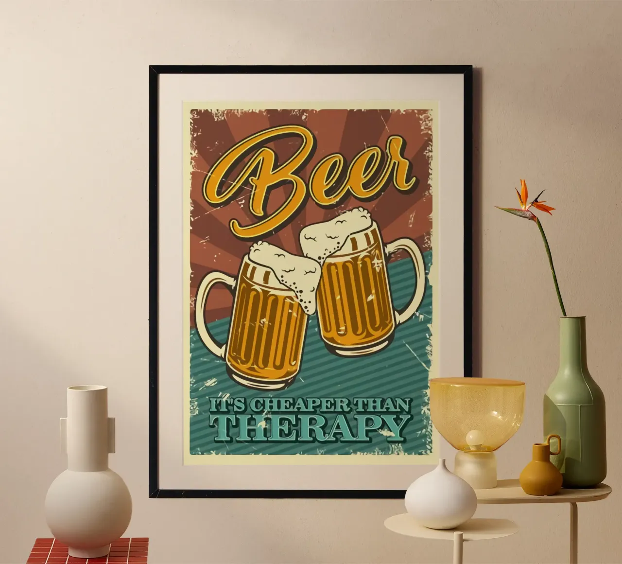 La birra è più economica del ritratto terapeutico poster con telaio in legno da Jodie Art