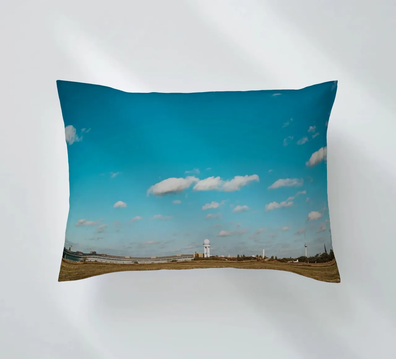 Tempelhofer Feld in Berlin with television tower in the background decorative cushion by Bold and Retro