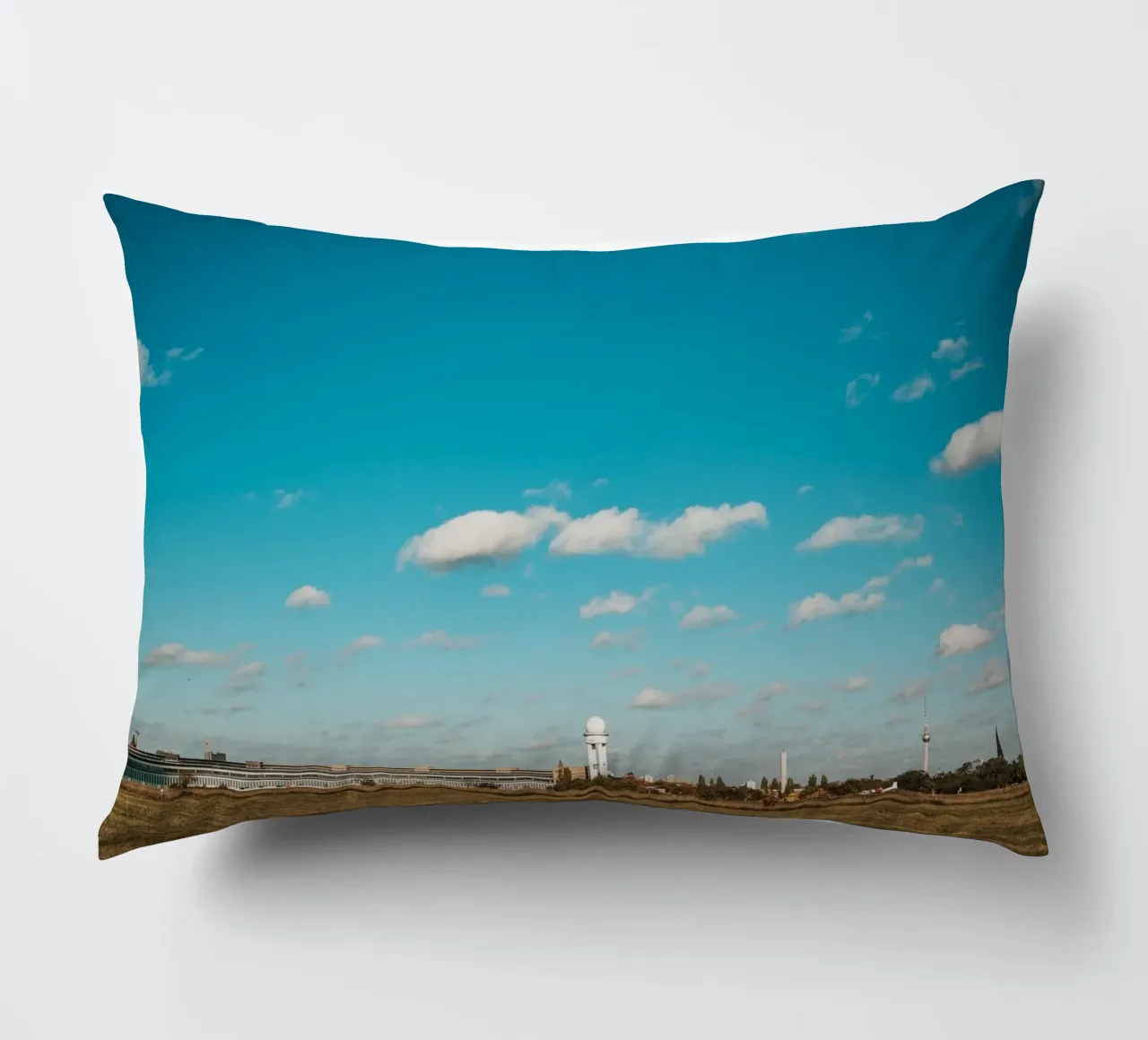 Tempelhofer Feld in Berlin with television tower in the background decorative cushion by Bold and Retro