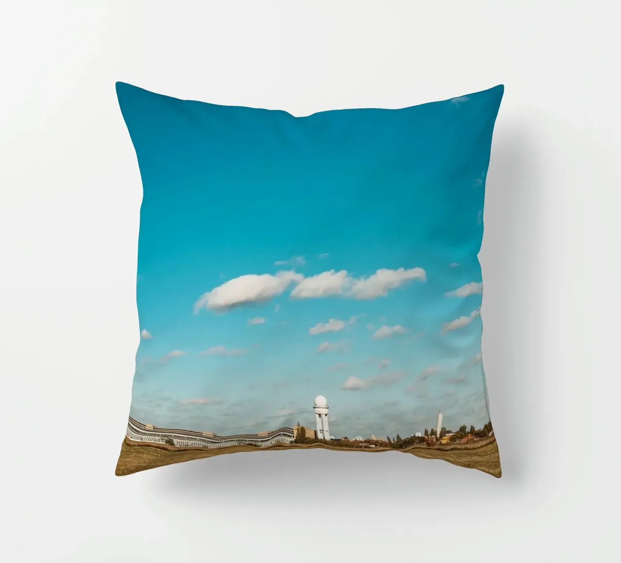 Tempelhofer Feld in Berlin with television tower in the background decorative cushion by Bold and Retro