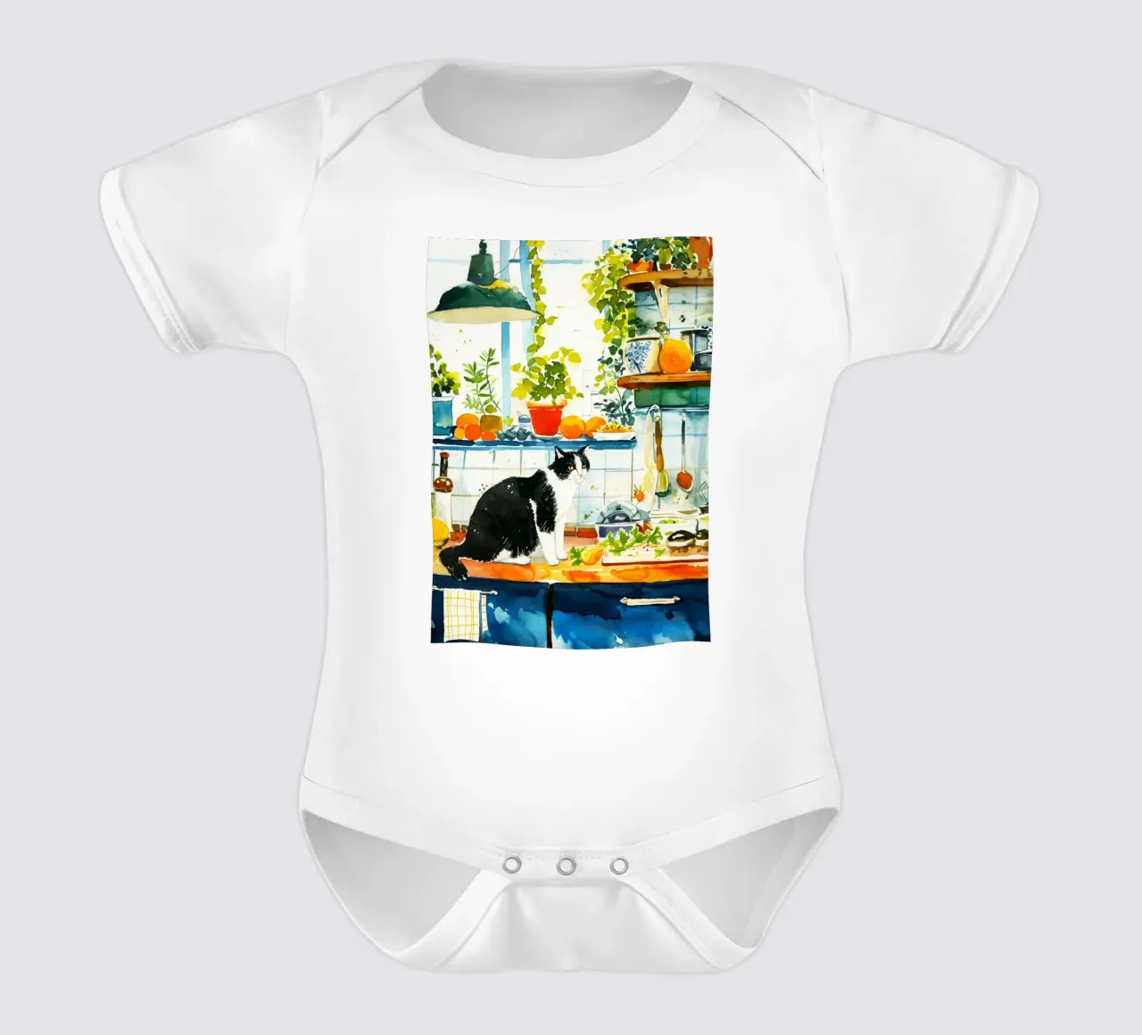 Gatto in cucina body neonato maniche corte da Justyna Jaszke JBJart