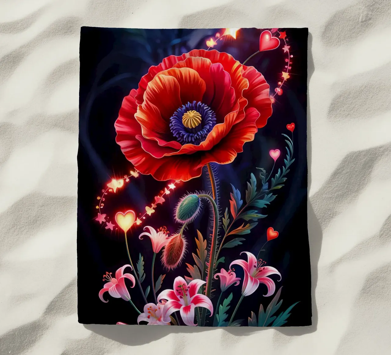 Red Flower Glowing beach towel by Jeff Studio
