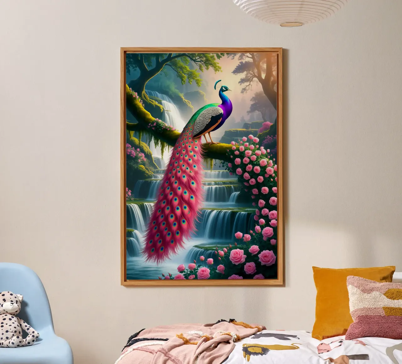 Peacock Bird Wth Rose Flower alluminio dibond da Jeff Studio