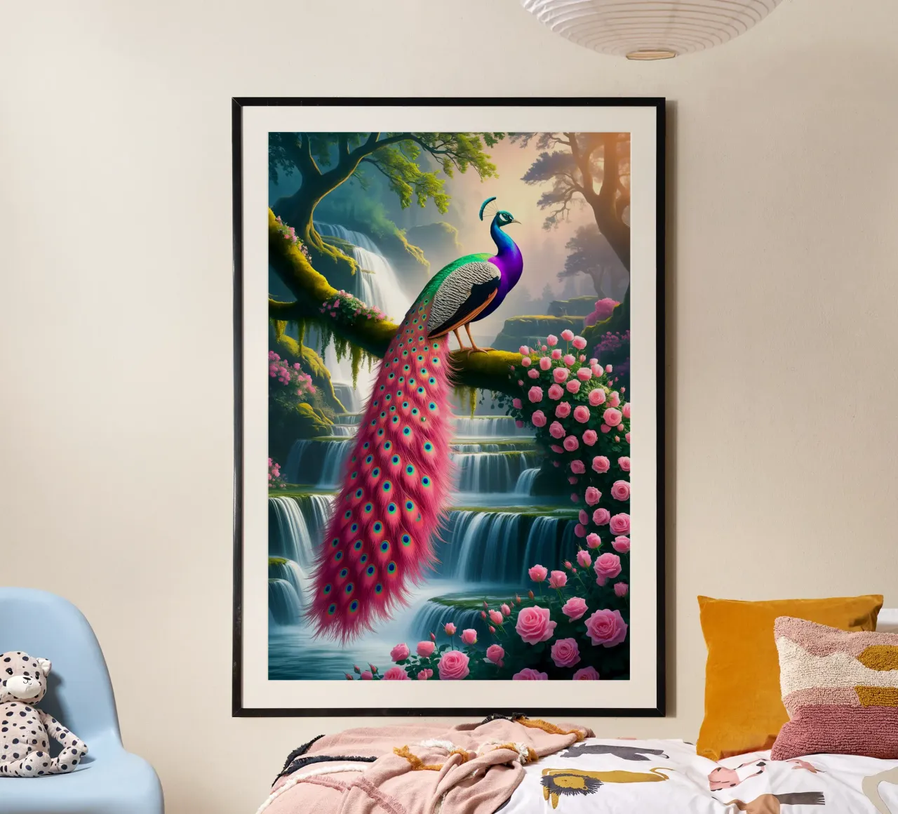Peacock Bird Wth Rose Flower poster con telaio in alluminio da Jeff Studio
