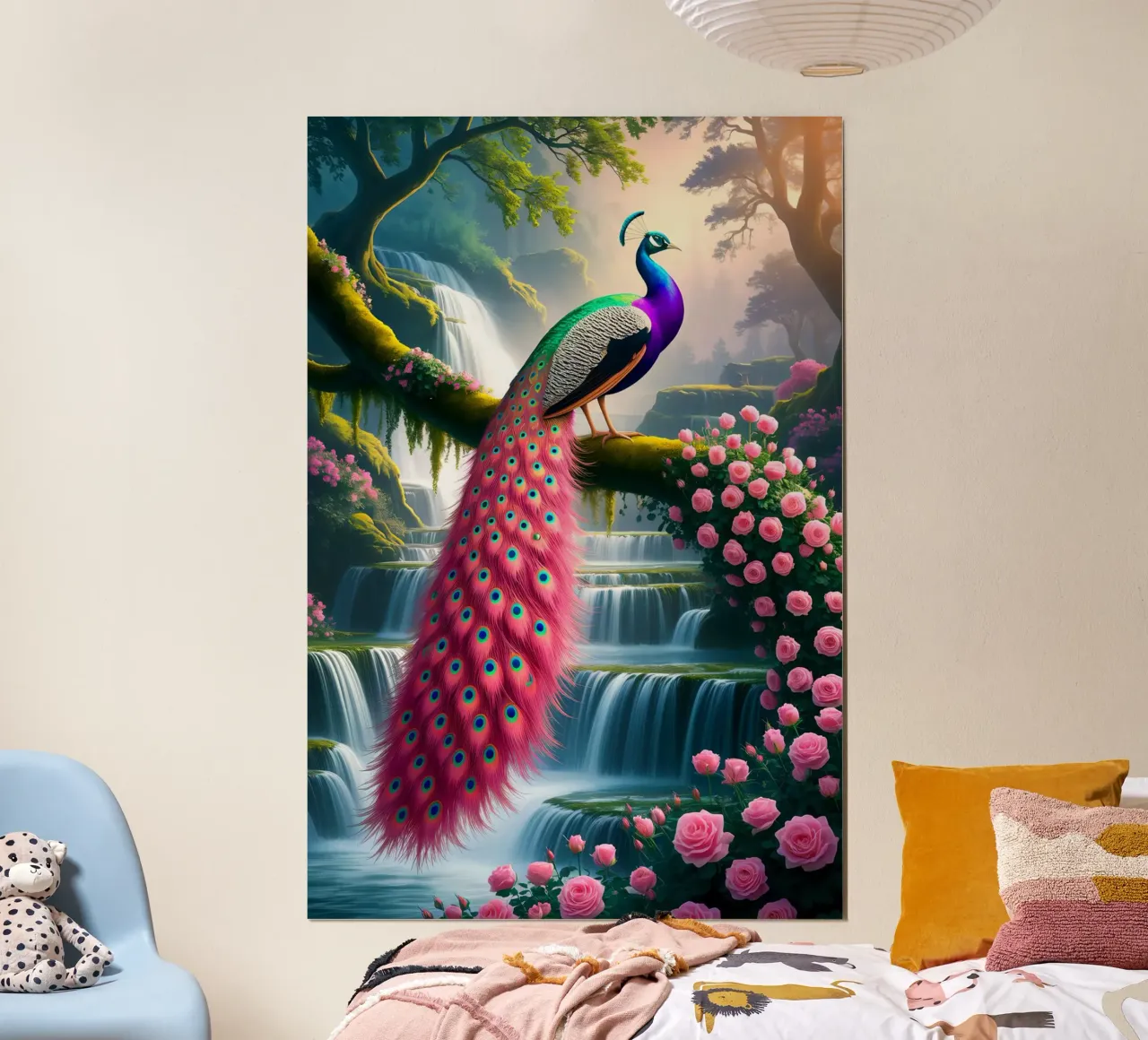 Peacock Bird Wth Rose Flower poster con telaio in alluminio da Jeff Studio