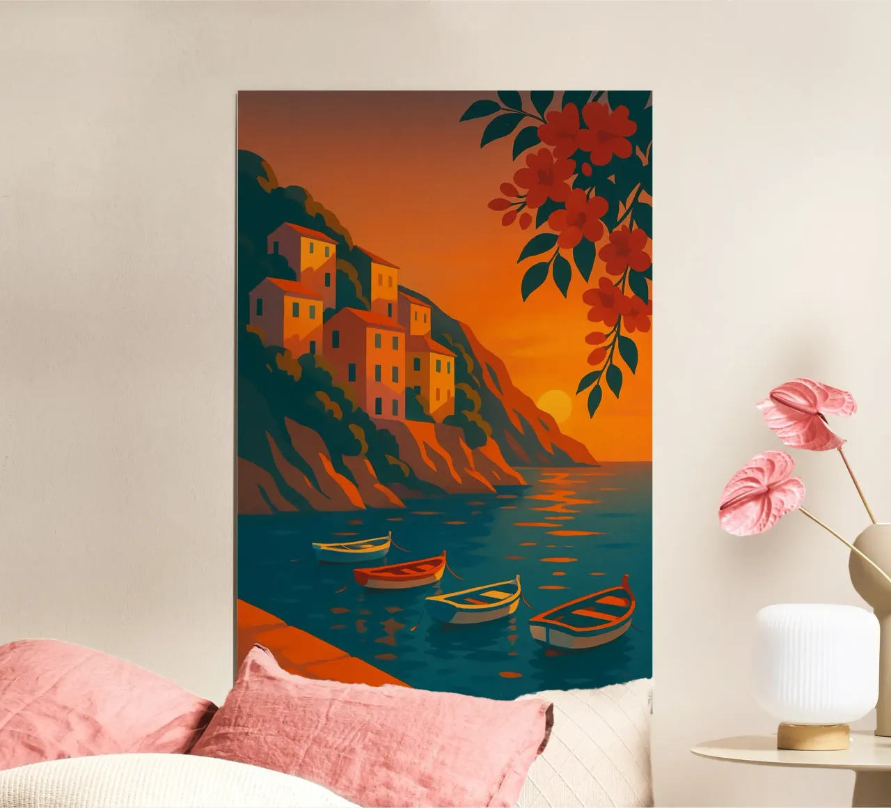 Cliffside Sunset Harbor poster con telaio in legno da Mosaic Dialogue