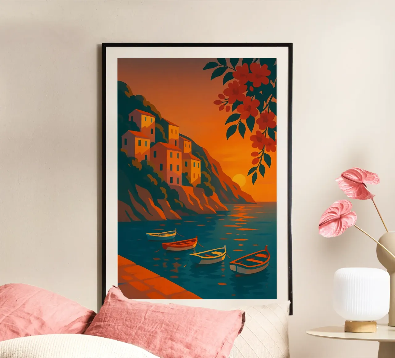 Cliffside Sunset Harbor poster con telaio in legno da Mosaic Dialogue