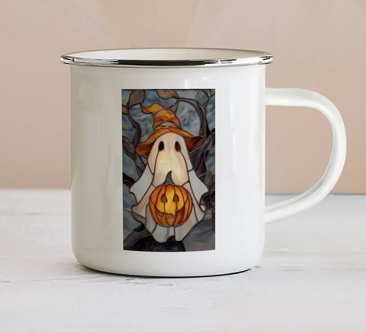 Fantasma di Halloween con lanterna di zucca tazza in smalto da Fleur de Lys