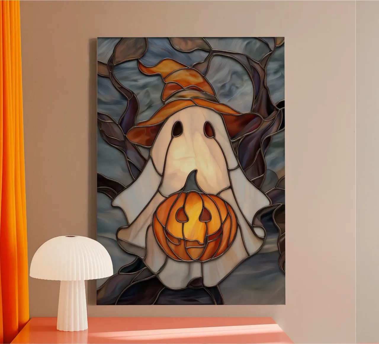Fantasma di Halloween con lanterna di zucca tela con Cornice a cassetta da Fleur de Lys