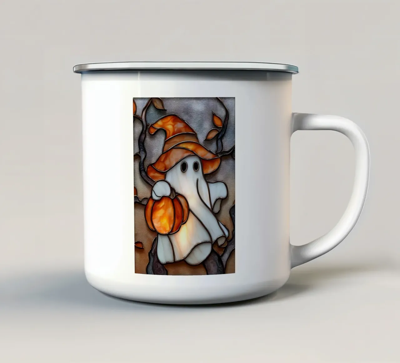 Halloween Ghost with Pumpkin Lantern enamel mug by Fleur de Lys