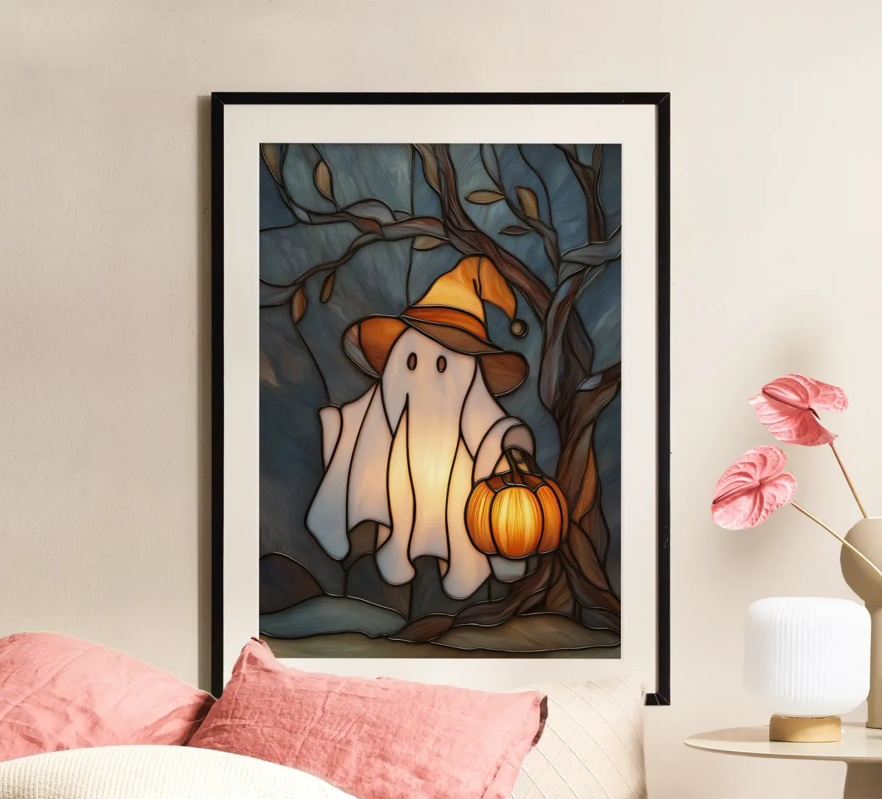 Fantasma di Halloween con lanterna di zucca carta hahnemühle da Fleur de Lys
