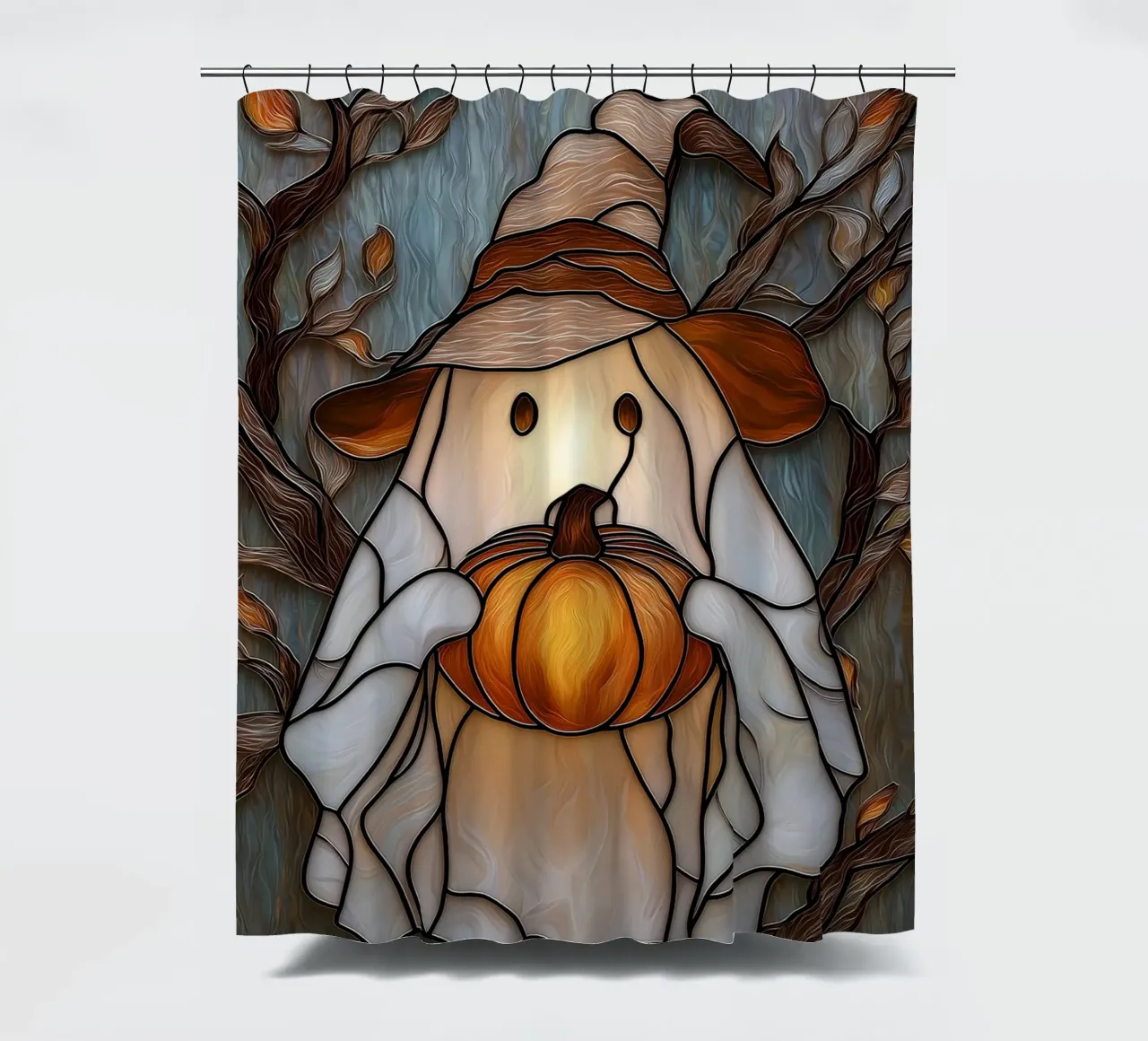 Fantasma di Halloween con lanterna di zucca tenda da doccia da Fleur de Lys