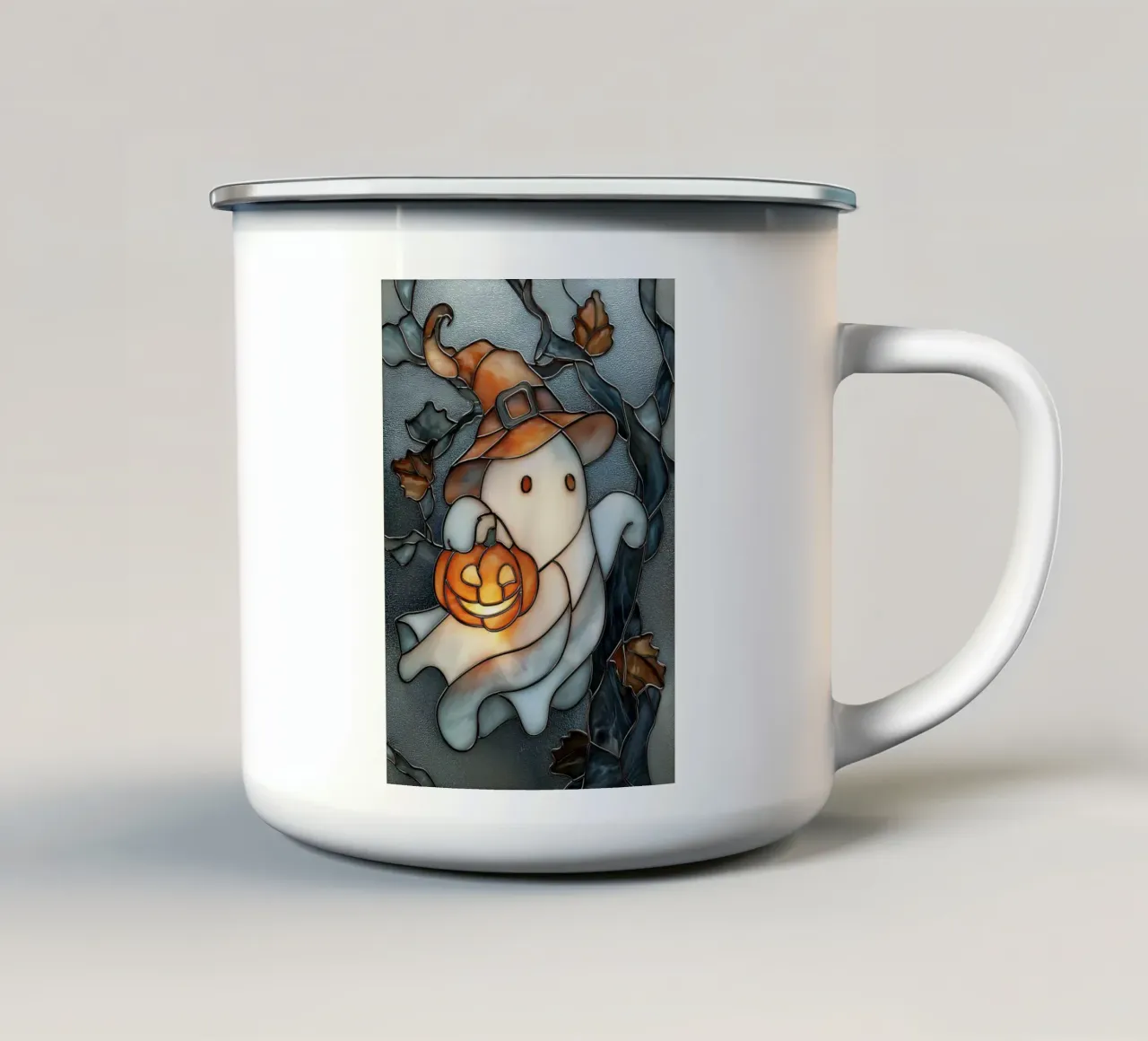 Fantasma di Halloween con lanterna di zucca tazza in smalto da Fleur de Lys