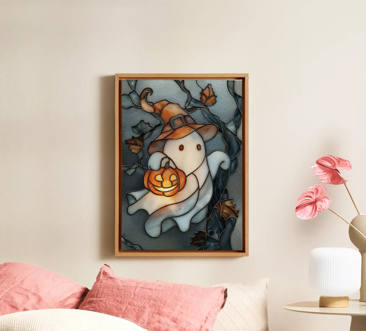 Halloween Ghost with Pumpkin Lantern canvas by Fleur de Lys