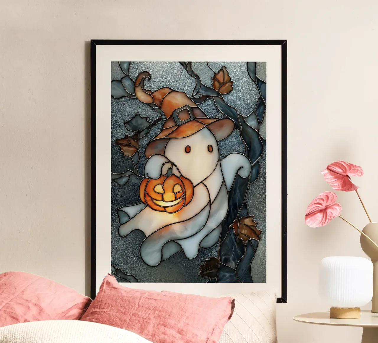 Fantasma di Halloween con lanterna di zucca carta hahnemühle da Fleur de Lys