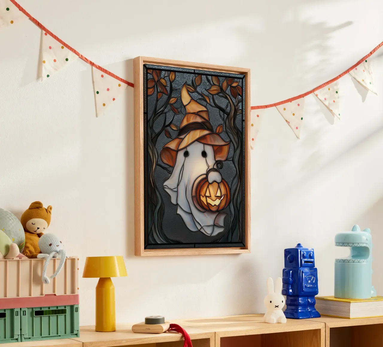 Halloween Ghost with Pumpkin Lantern canvas by Fleur de Lys