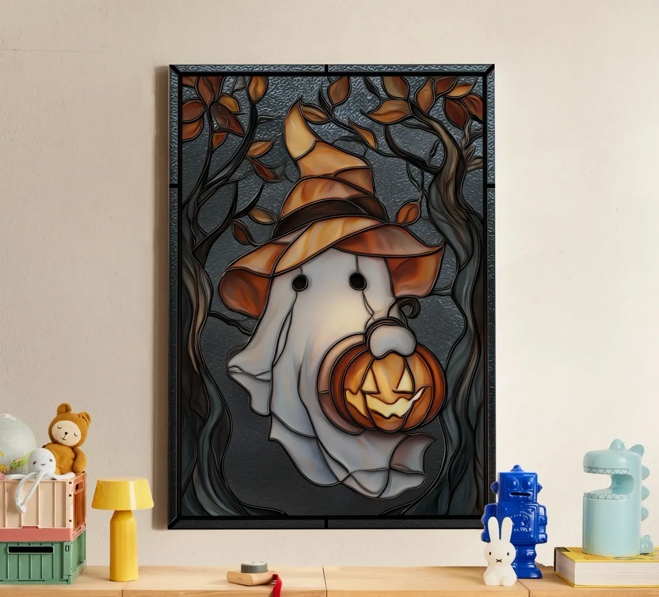 Halloween Ghost with Pumpkin Lantern canvas by Fleur de Lys