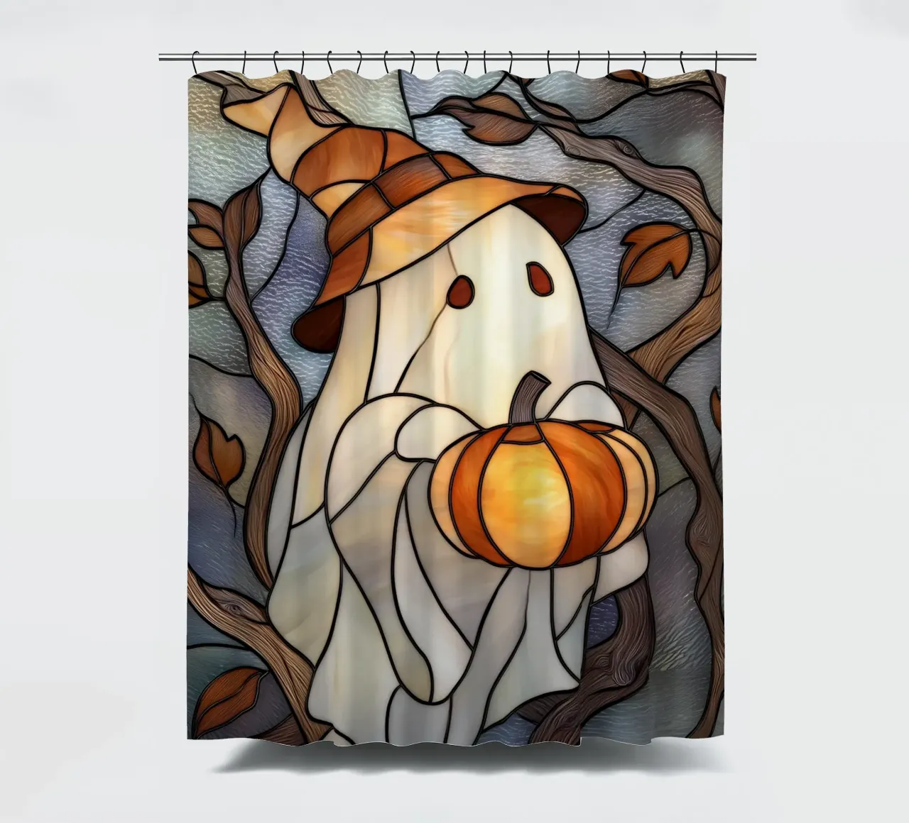 Fantasma di Halloween con lanterna di zucca tenda da doccia da Fleur de Lys