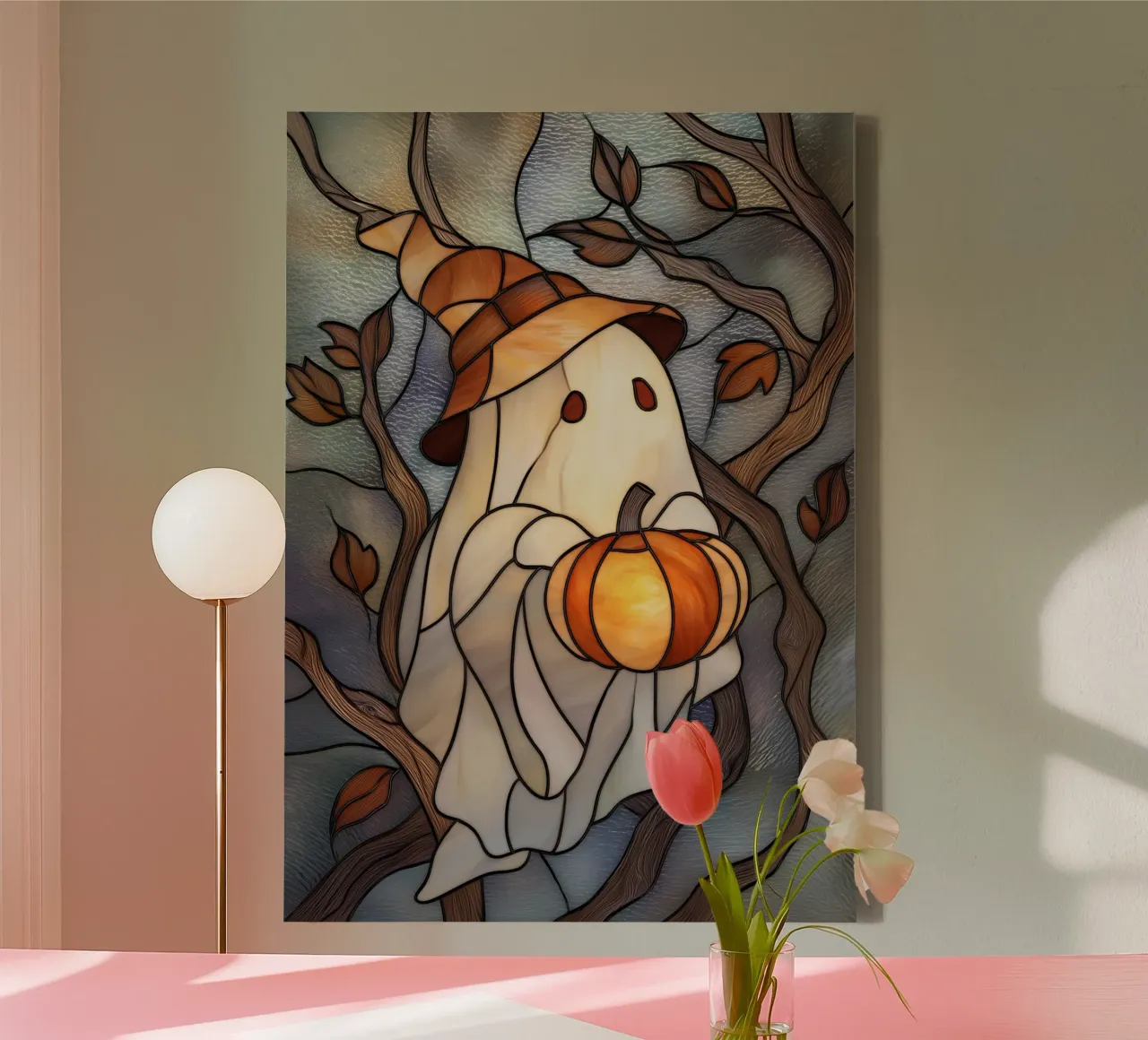 Fantasma di Halloween con lanterna di zucca tela con Cornice a cassetta da Fleur de Lys