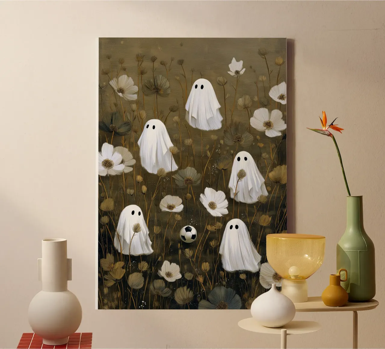 I fantasmi di Halloween giocano a calcio tela con Cornice a cassetta da Fleur de Lys