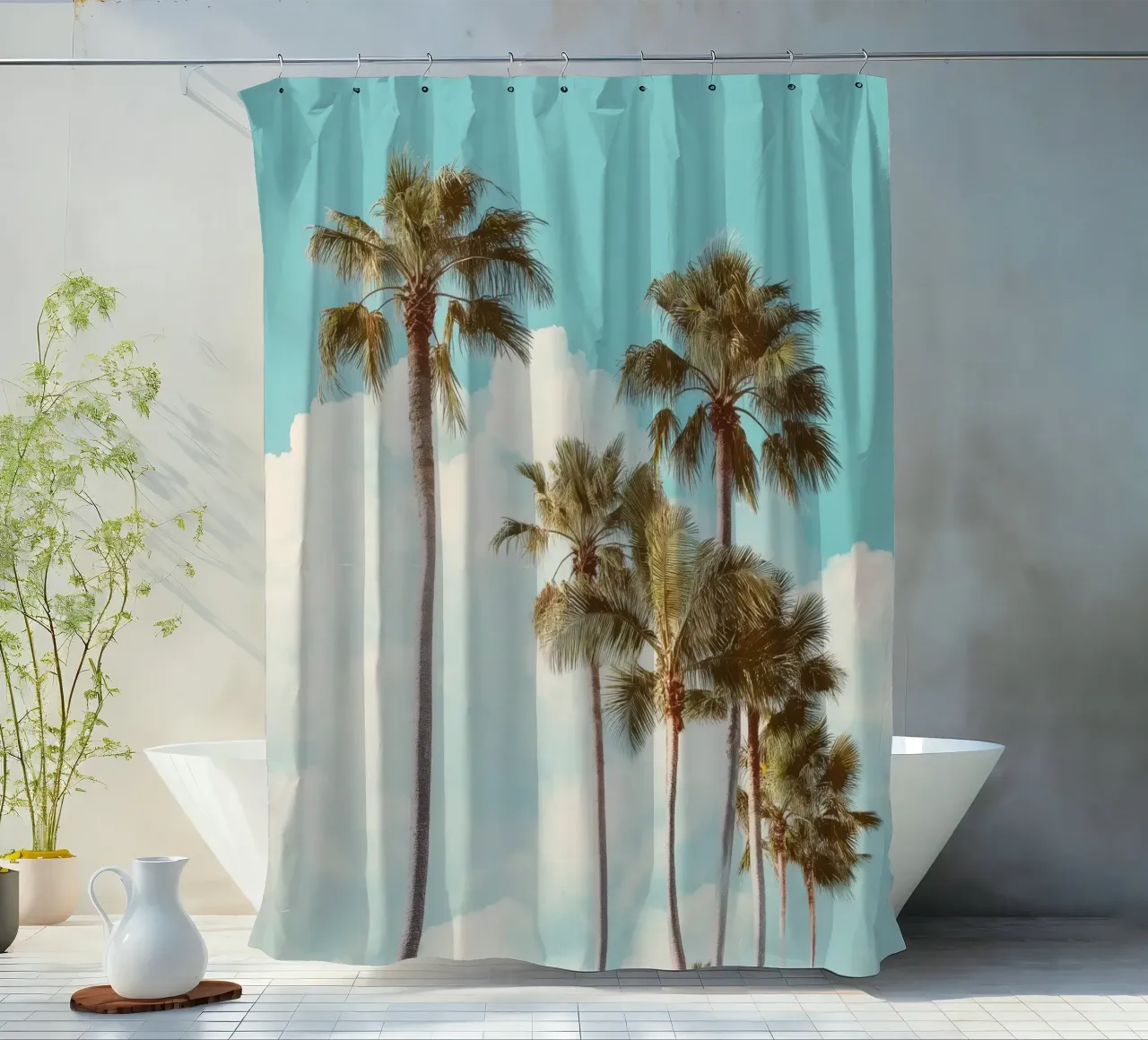 California Dream – Retro Palm Tree Print Duschvorhang von Vela Luna