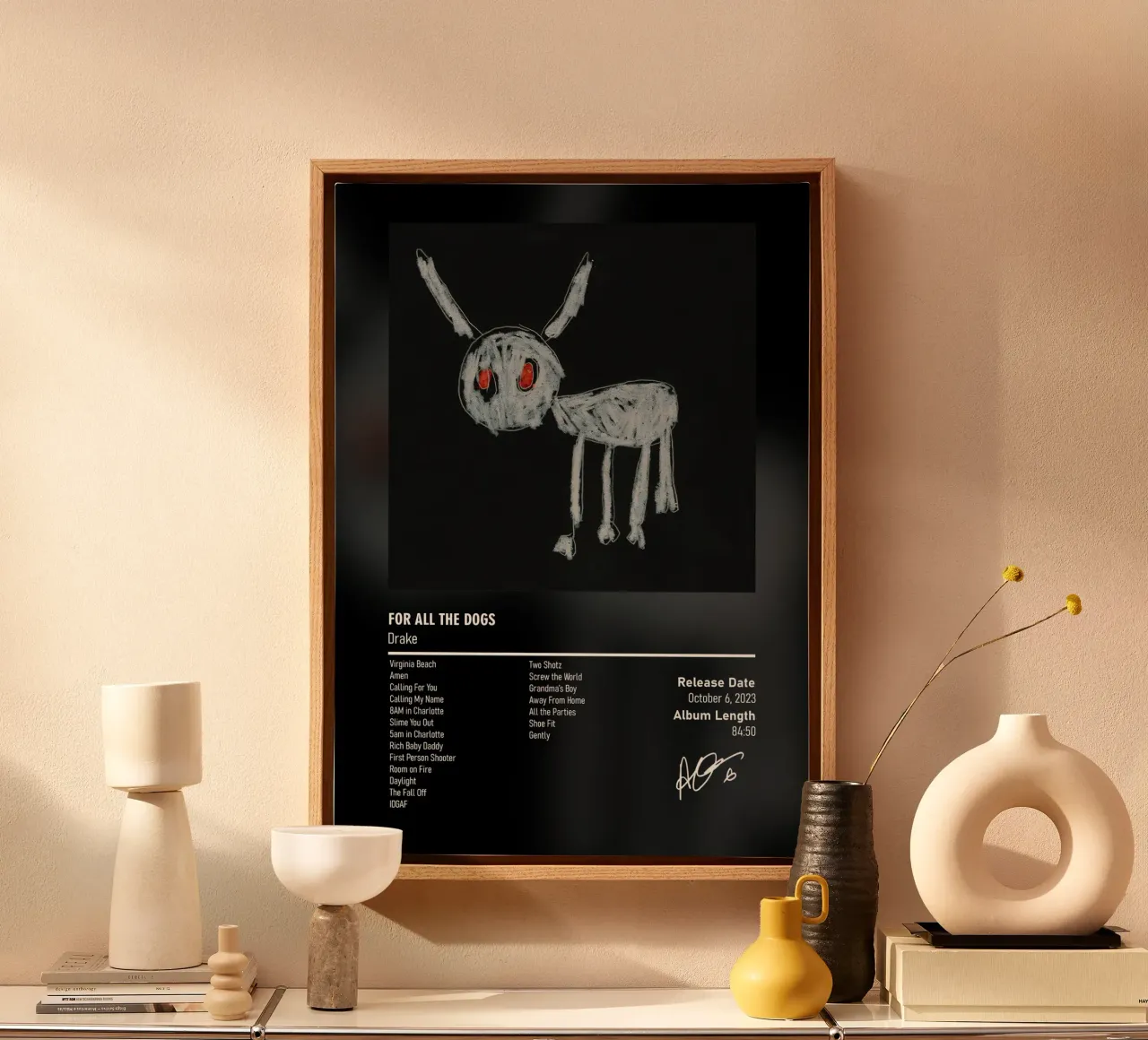 For All the Dogs (2023) Drake canvas met Baklijst van MVFminimalist