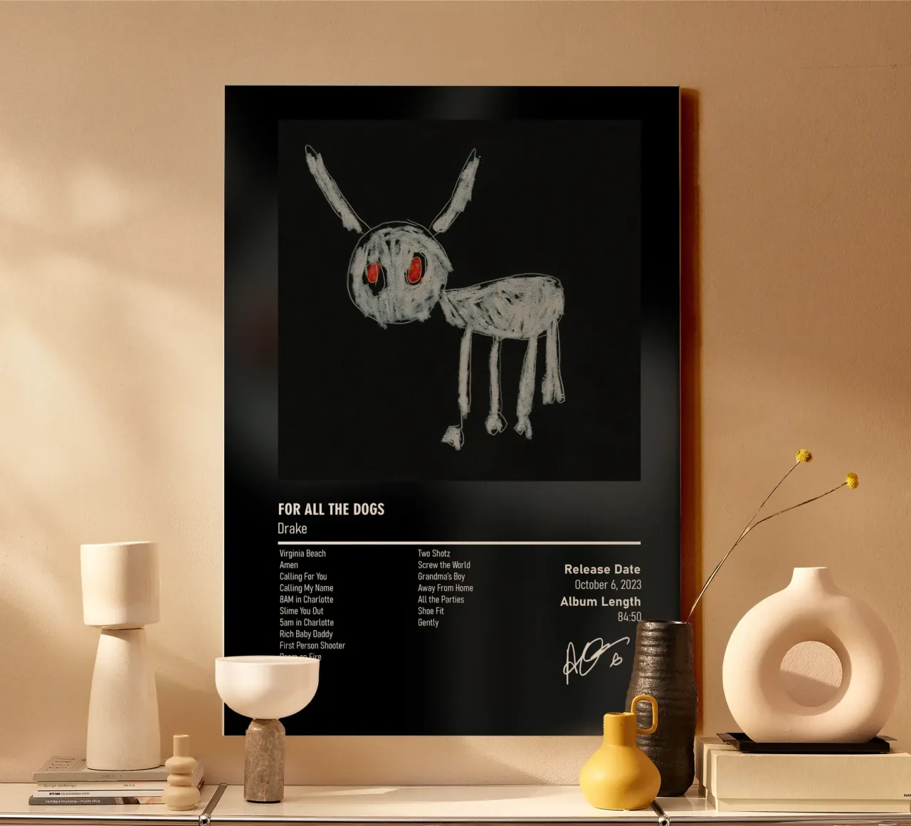 For All the Dogs (2023) Drake canvas met Baklijst van MVFminimalist