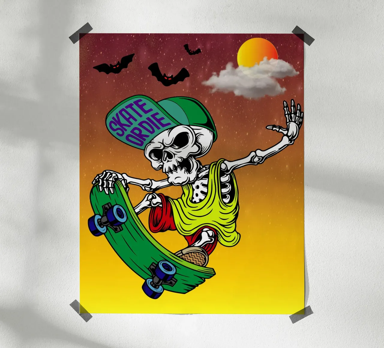 scheletro pattinare halloween poster con telaio in legno da onechoice