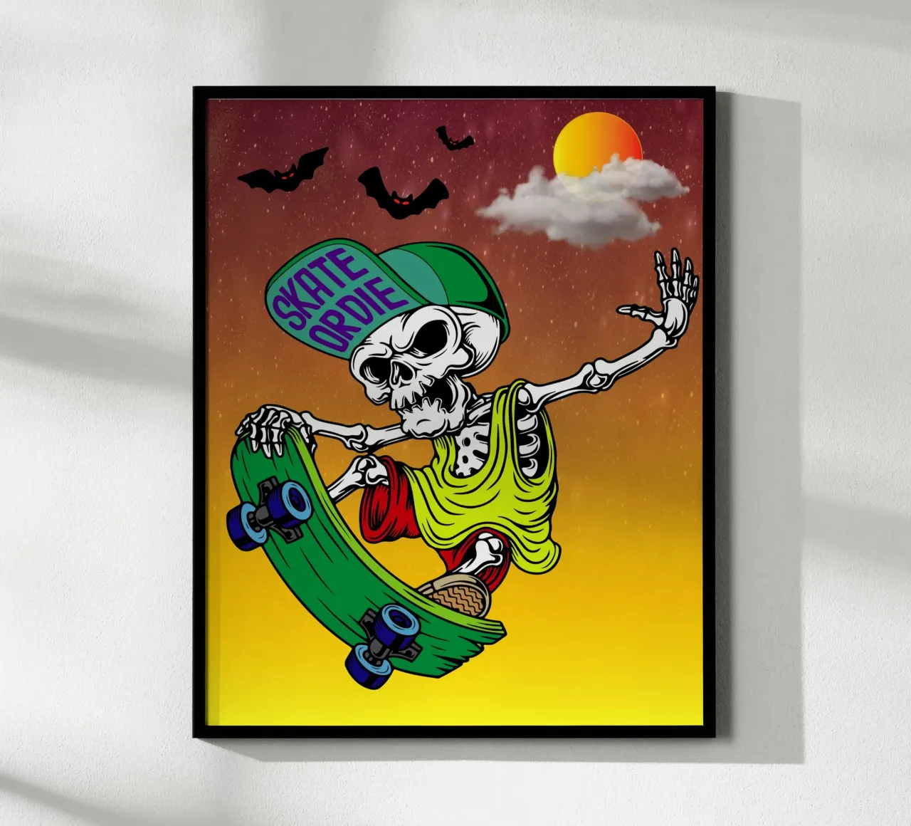 scheletro pattinare halloween poster con telaio in legno da onechoice