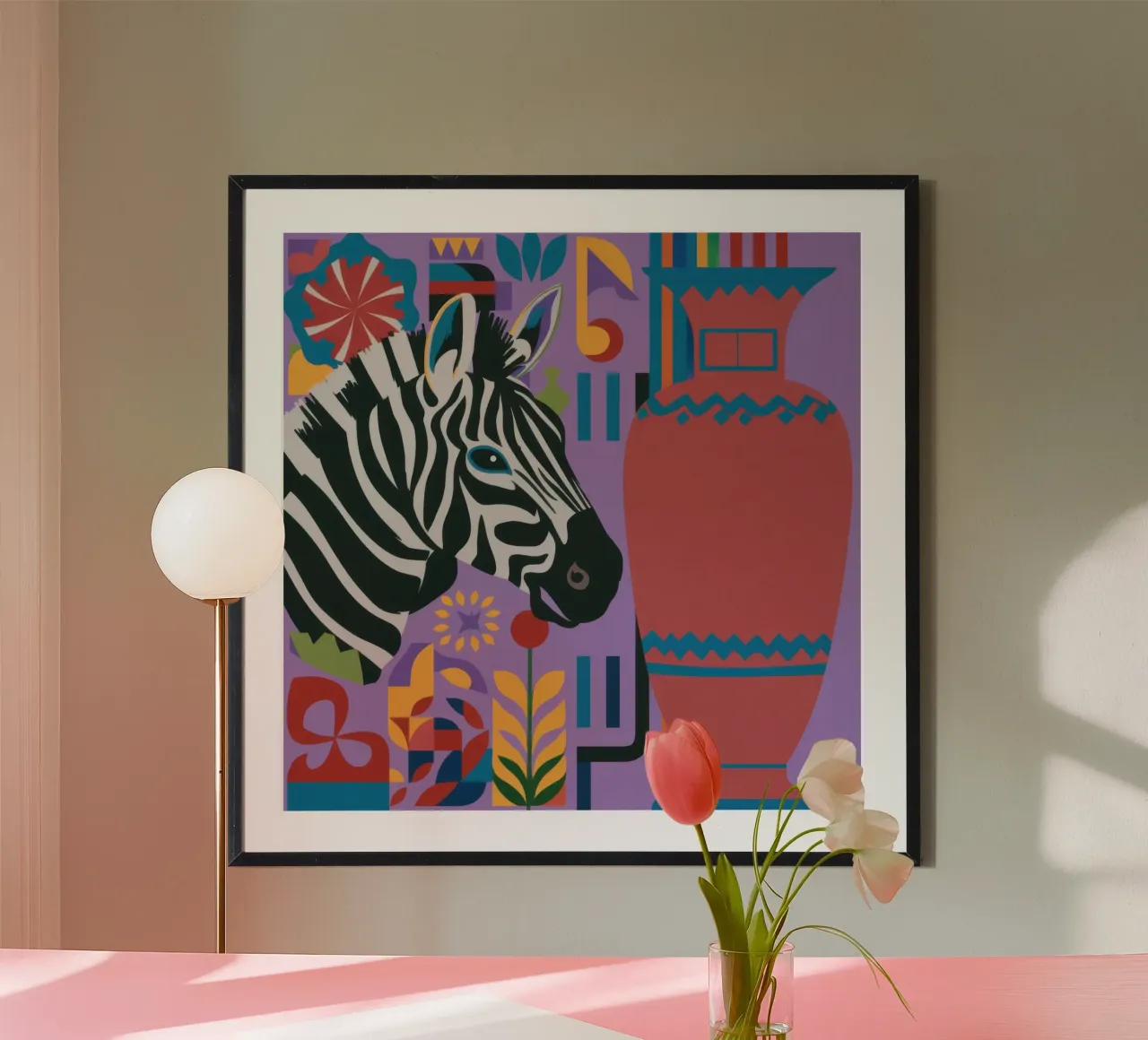 Gestreiftes Zebra-Stillleben Poster mit Holzrahmen von Arcane Lines
