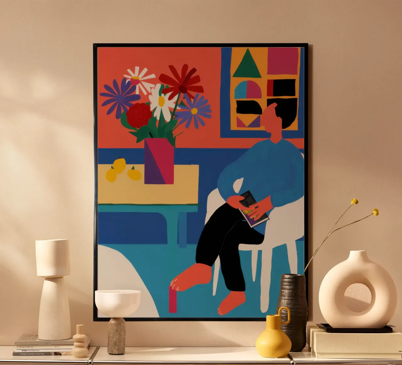 Vase bleu Fleurs rouges poster avec cadre en bois de Pale Aura