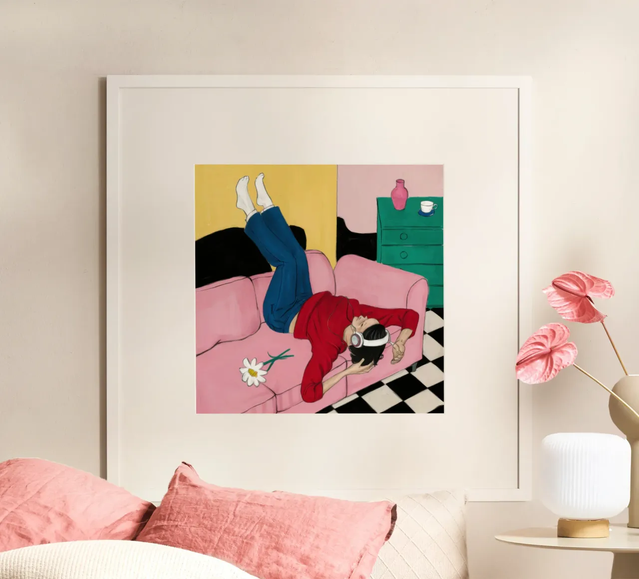Umgedrehtes Sofa Poster mit Kunststoffrahmen von Pale Aura