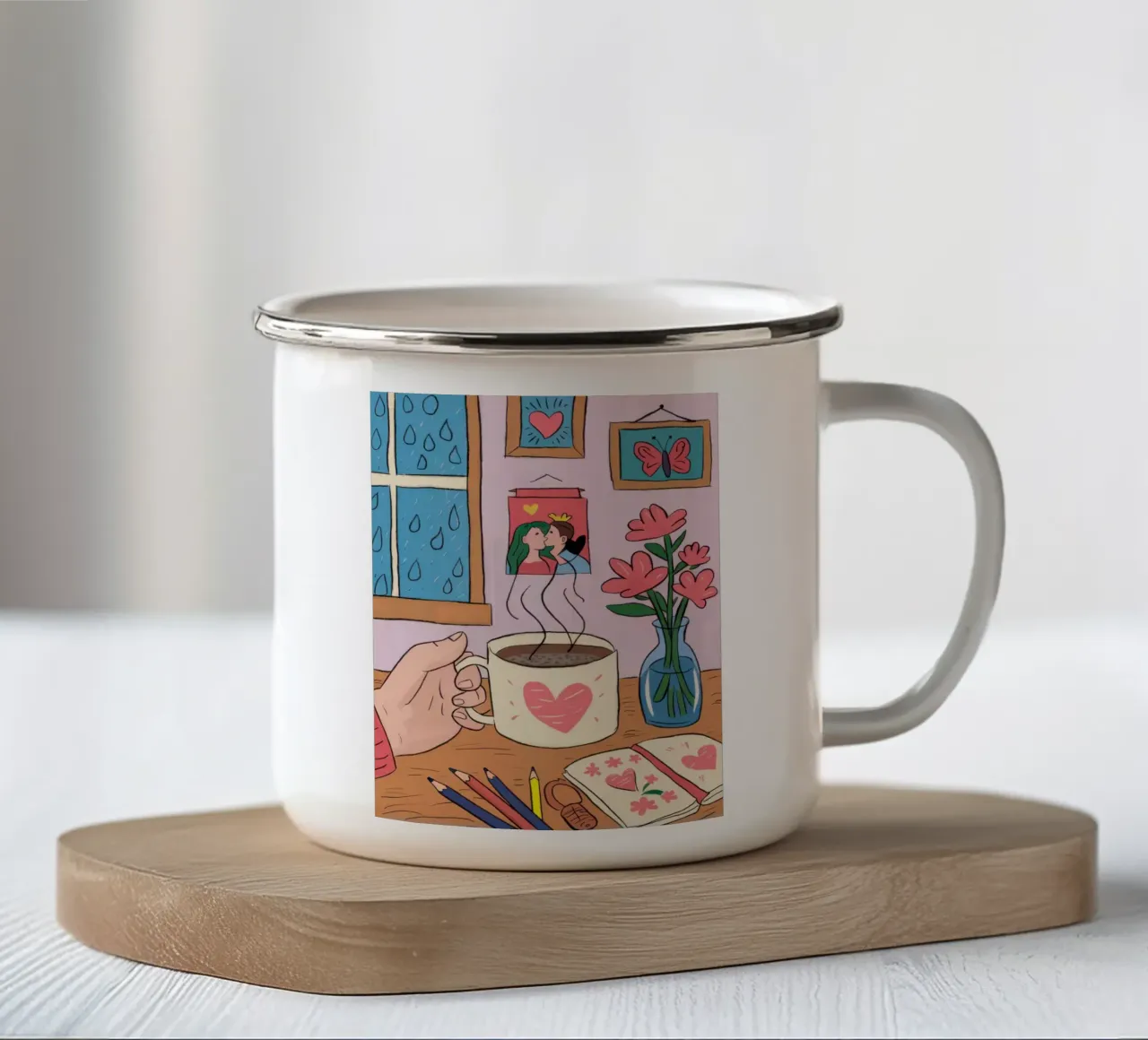 Accogliente creazione per un giorno di pioggia tazza in smalto da Arcane Lines