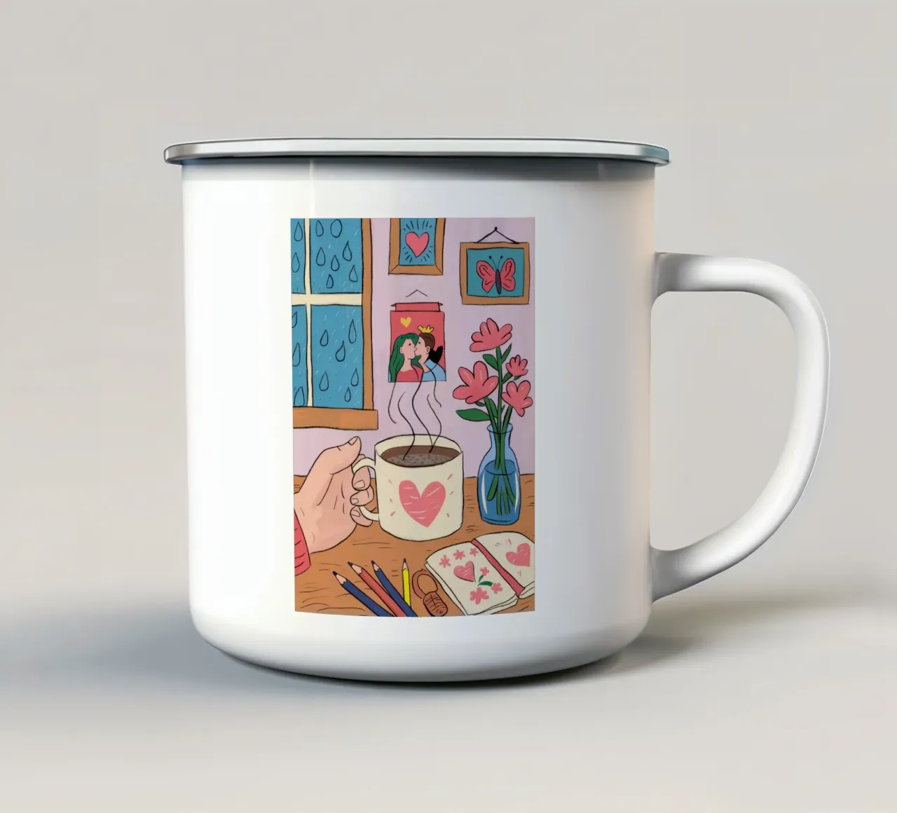 Accogliente creazione per un giorno di pioggia tazza in smalto da Arcane Lines