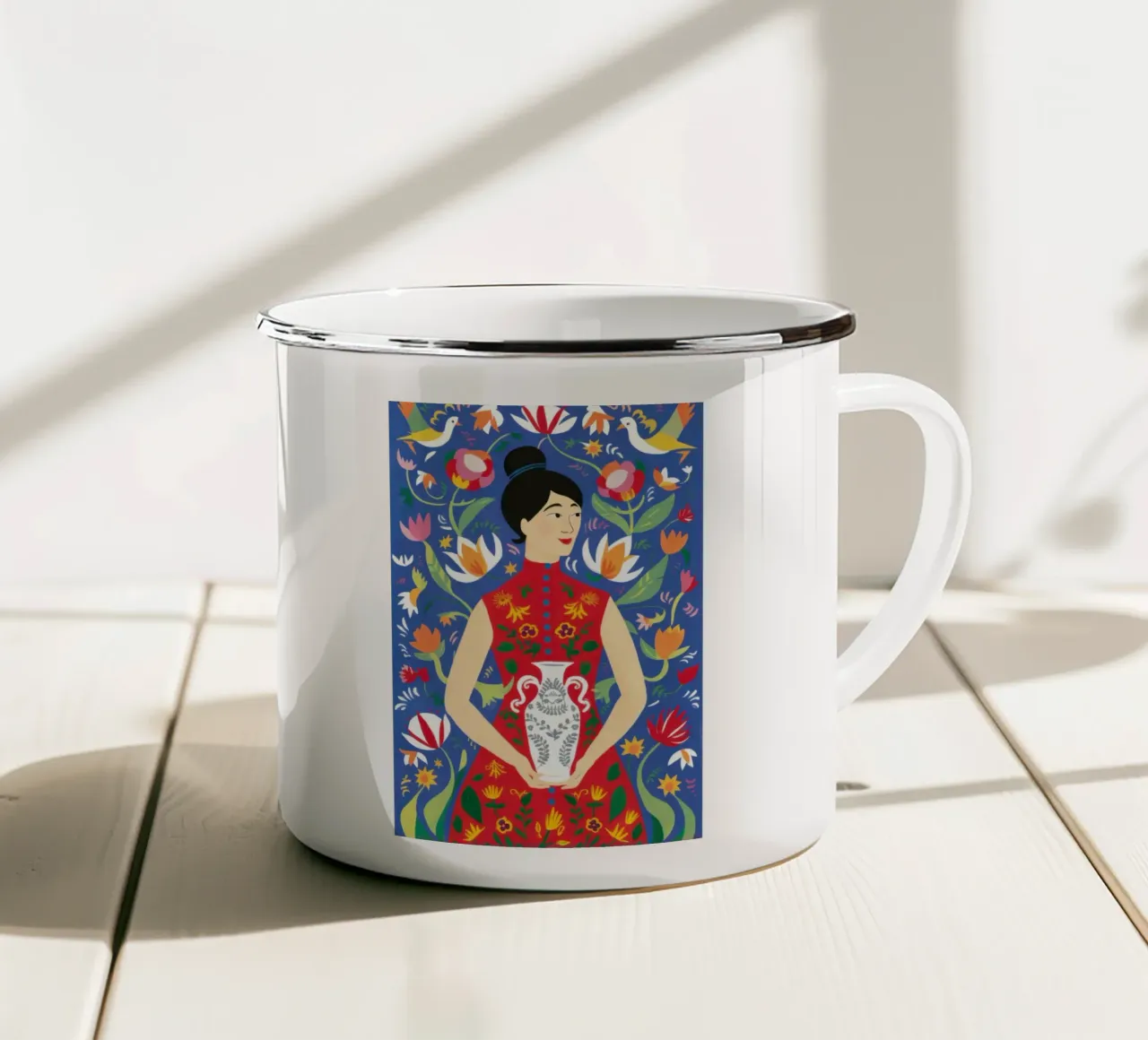 Gatto con abito rosso tazza in smalto da Marigold Tiga