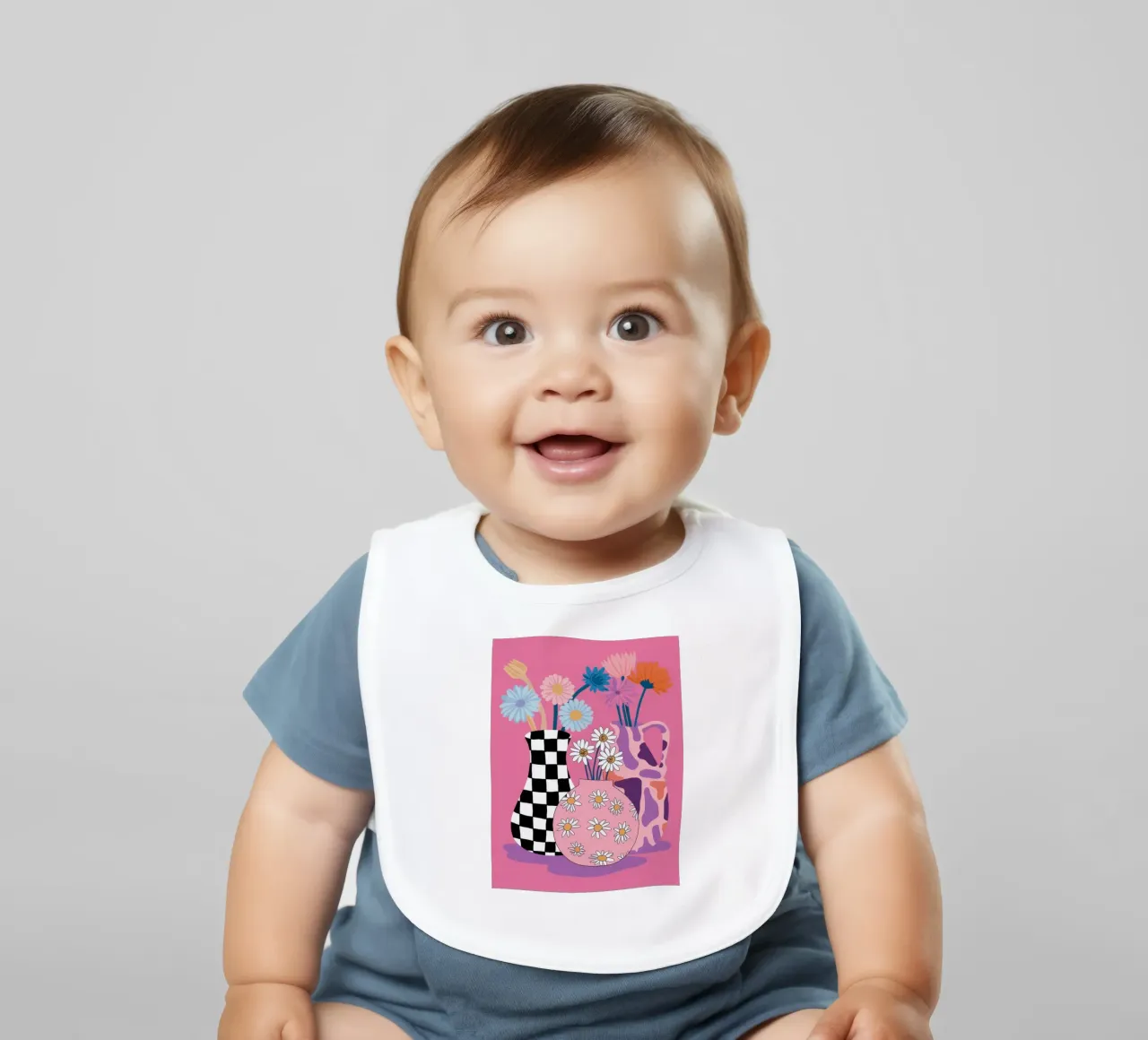 Checkered Vase Daisies baby bib by Sentinel Glow