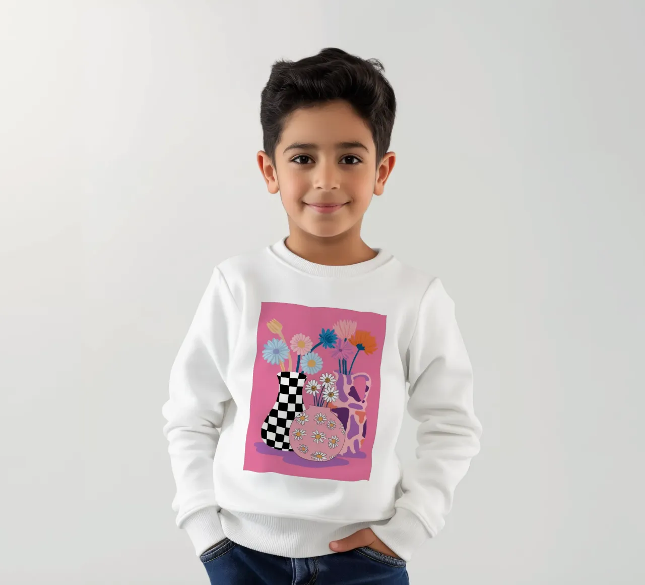 Checkered Vase Daisies kids sweatshirt by Sentinel Glow
