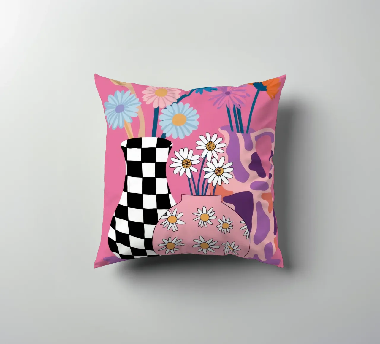 Checkered Vase Daisies decorative cushion by Sentinel Glow