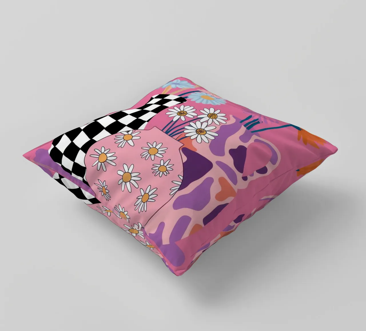 Checkered Vase Daisies decorative cushion by Sentinel Glow
