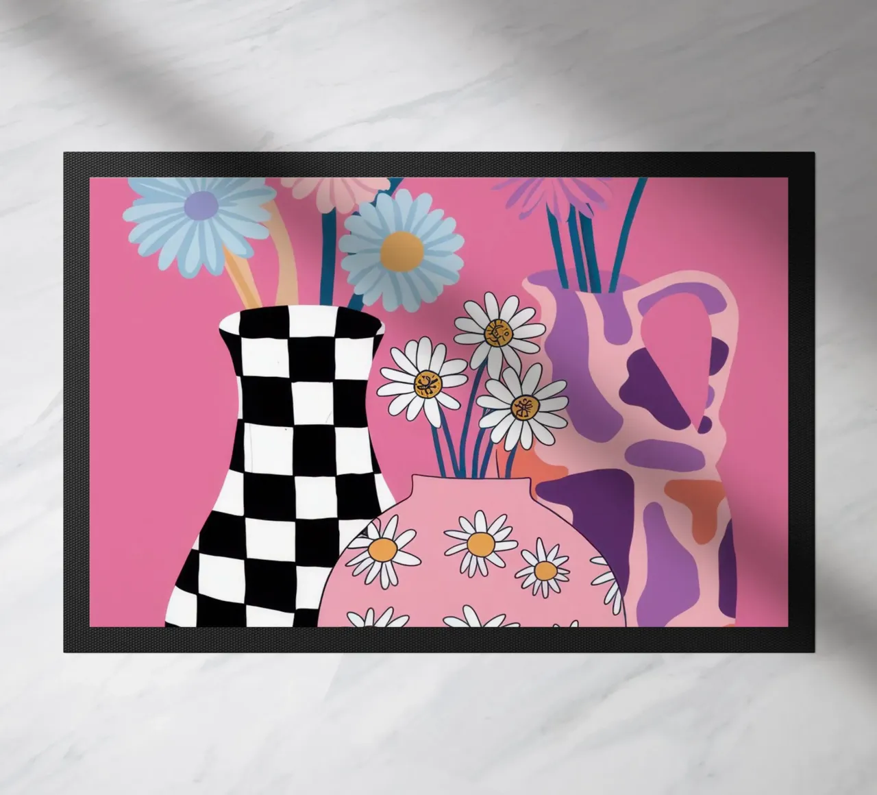 Checkered Vase Daisies doormat by Sentinel Glow
