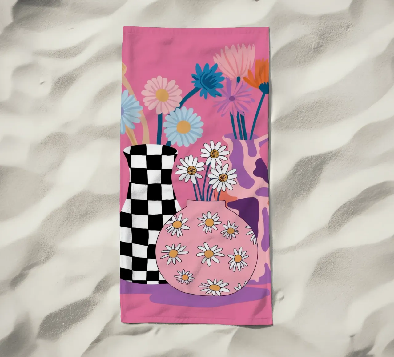 Checkered Vase Daisies beach towel by Sentinel Glow