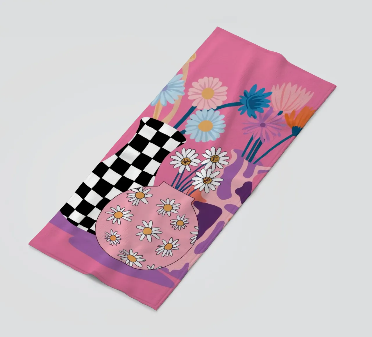 Checkered Vase Daisies beach towel by Sentinel Glow