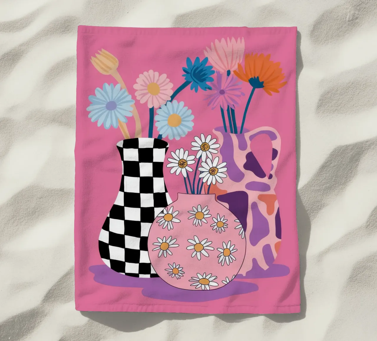 Checkered Vase Daisies beach towel by Sentinel Glow