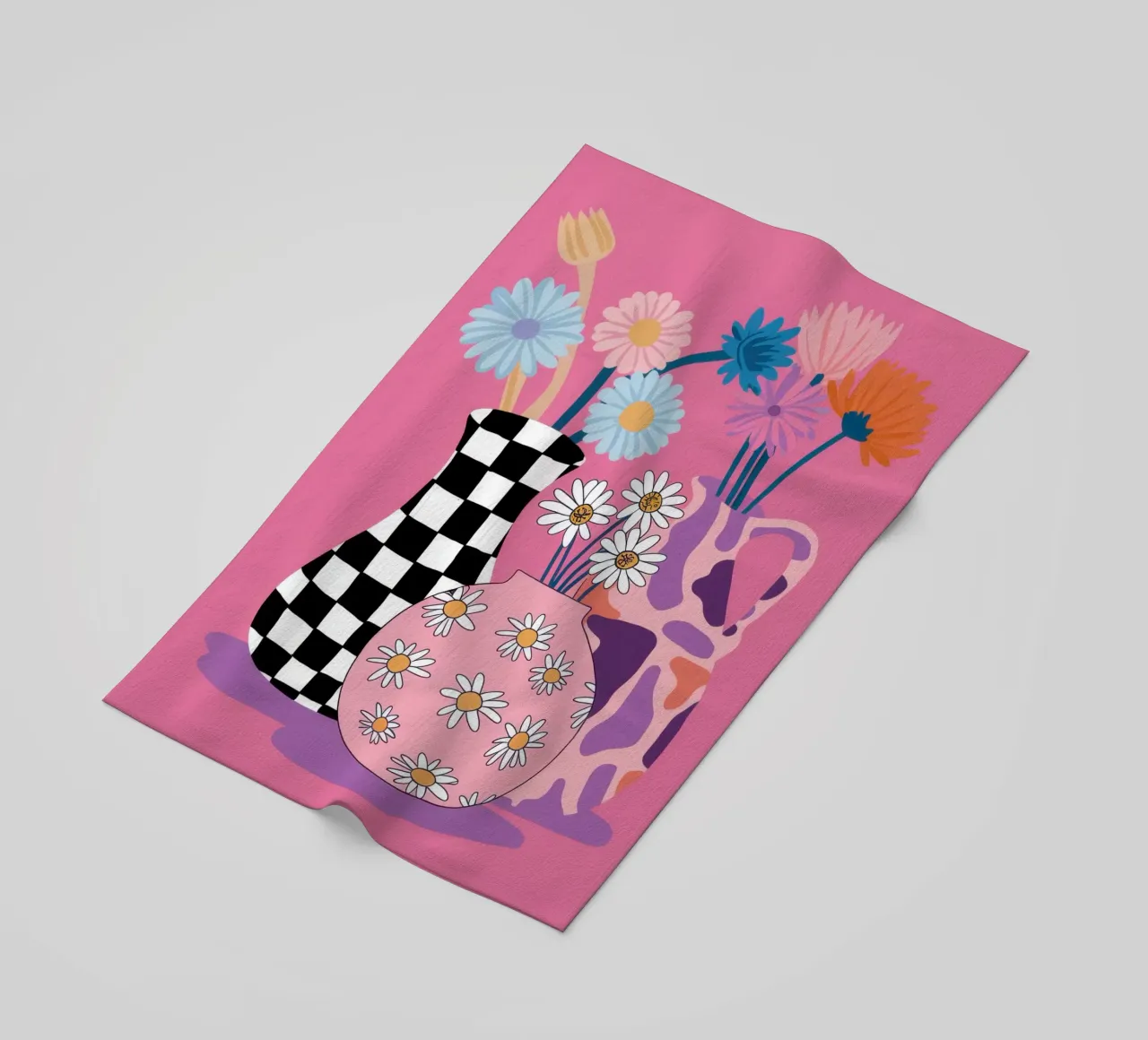 Checkered Vase Daisies beach towel by Sentinel Glow